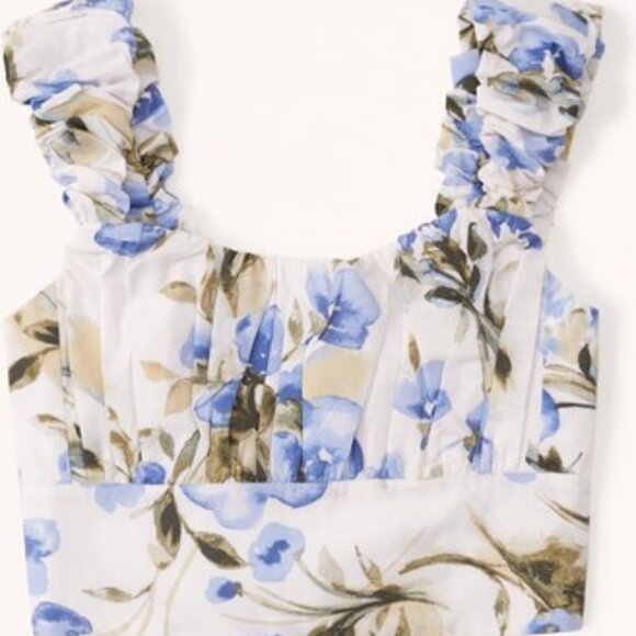 Abercrombie Scrunch Strap Poplin Top in Blue/Green Floral Print, Size XL - Picture 1 of 15